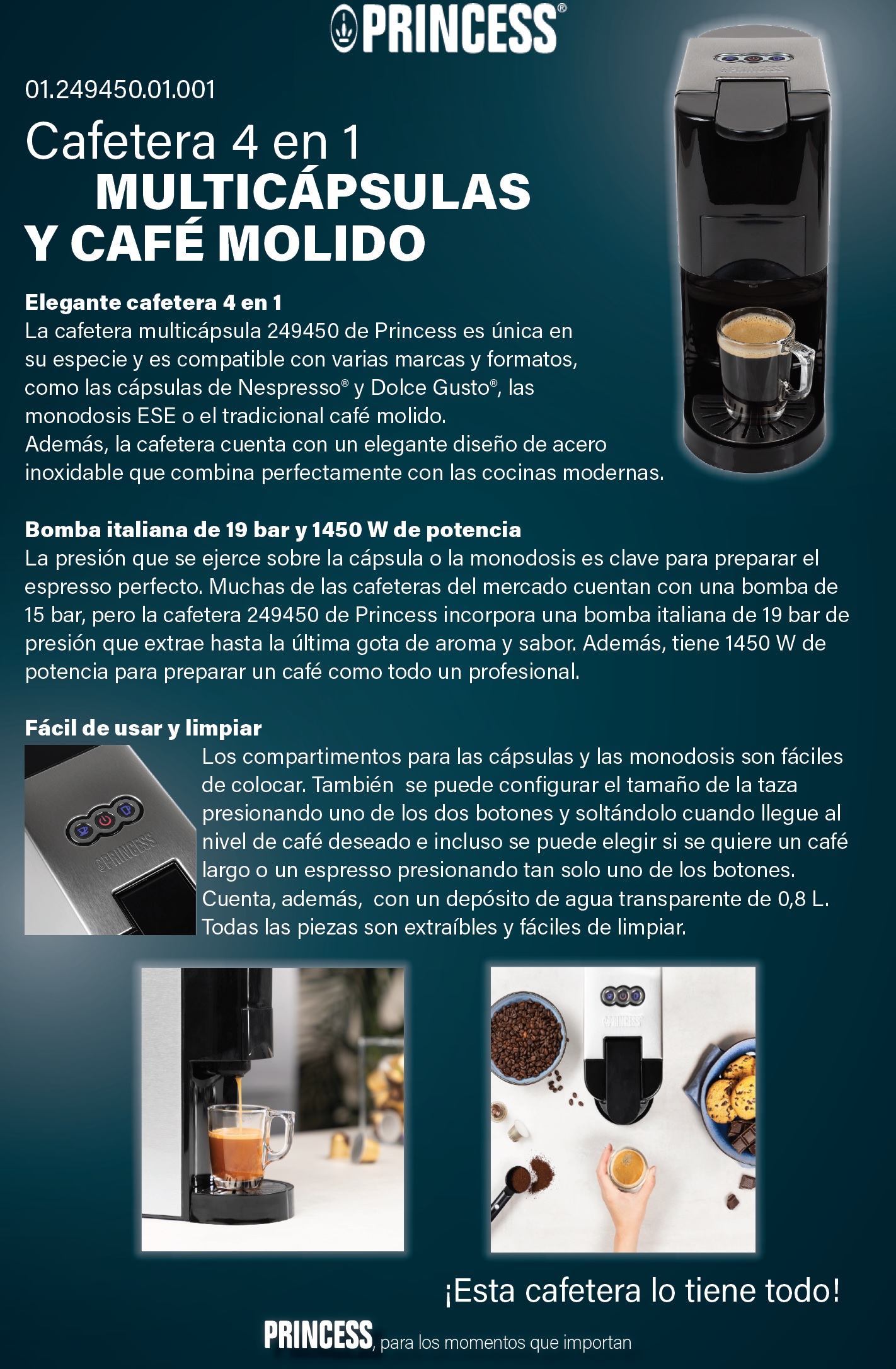 Cafetera eléctrica 4en1 Multicapsula 1450w 19bares Princess — Ferretería  Luma